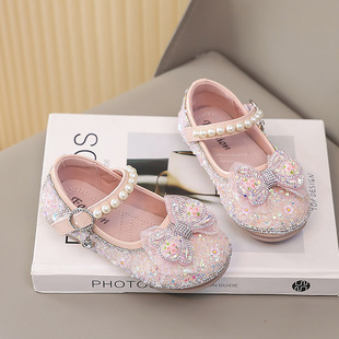 Girls Princess Shoes 2025 Spring New Crystal Shoes Bright Diamond Flowers Beautiful Little Princess Shoes Soft Sole Comfortable Leather Shoes