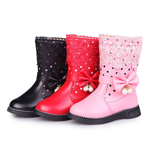 Children's snow boots 2024 Winter new high-top cotton-padded shoes bow pendant fleece-lined girls' boots one-piece delivery