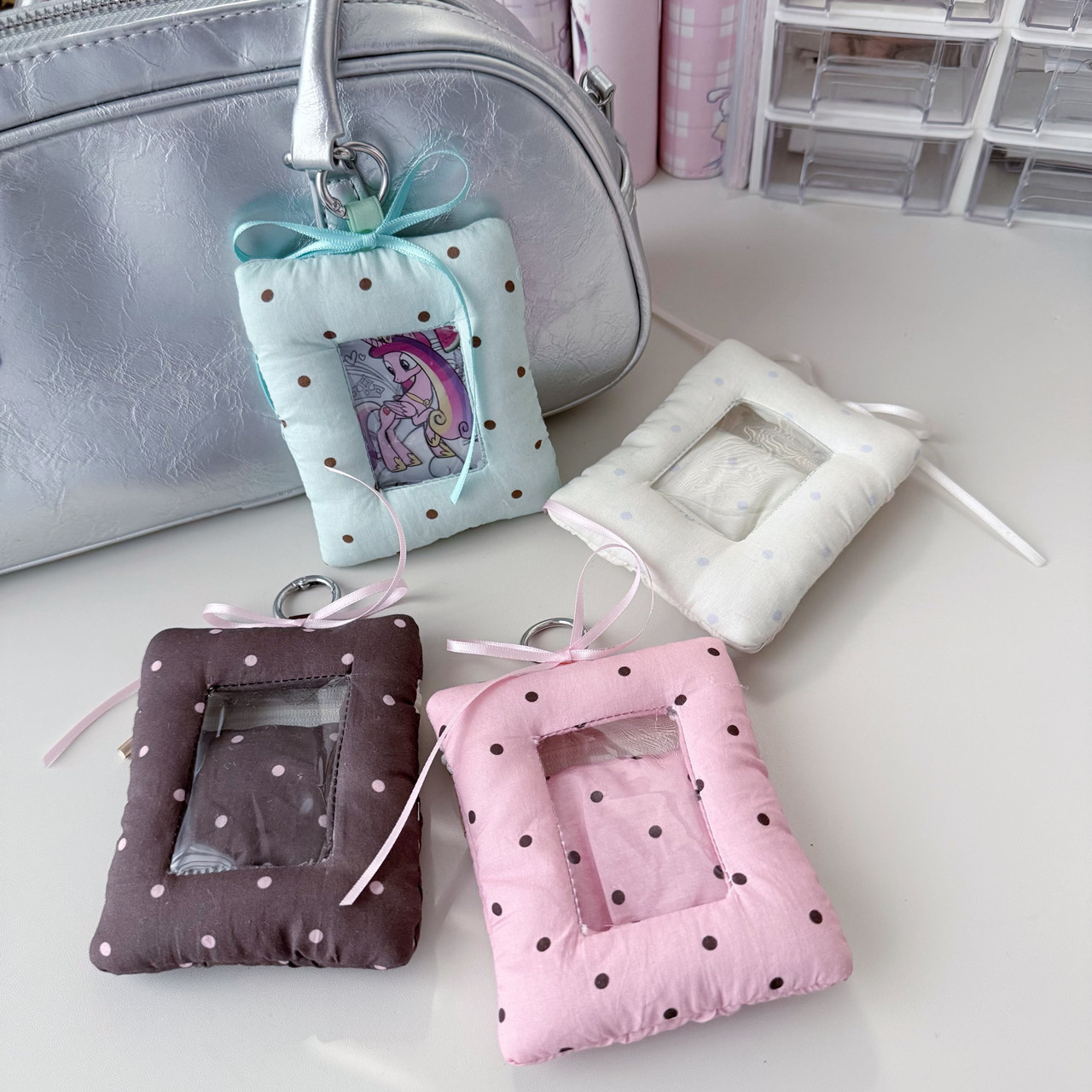 Cute Polka Dot Fabric Pillow Card Holder 3inch Polaroid Photo Display Storage Keychain Pendant