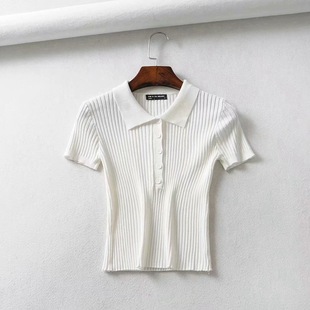 Spring and Summer new retro solid color polo collar lapel buckle slim-fit short navel short sleeve sweater T-shirt top