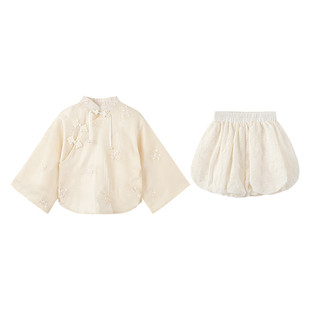 Girl's Chinese-style embroidered jacquard shirt, spring new style heavy industry buckle Chinese style flower bud shorts