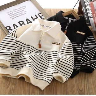 2025 spring and autumn new children's stitching striped lapel sweater simple trend long sleeve Harajuku men's new ins