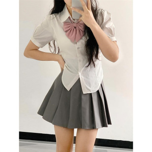 jk shirt tight waist short sleeve shirt high waist women's slim fit 2024 New lace-up white shirt pleated skirt short slimming