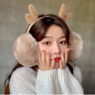 Autumn and winter antler reindeer earmuffs foldable plush thick warm windproof outdoor portable ear bag wholesale