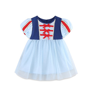 2025 Baby Girl Summer Bow Princess Skirt Girl's Western Style Contrast Color dress Bubble Sleeve Mesh Skirt 2236
