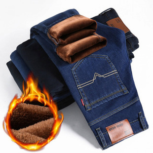 Autumn and Winter fleece-lined Thickened Pure Black Jeans Men's Straight Loose Business Elastic Warm Casual Long Pants