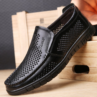Leather Sandals Men's Dad Summer Breathable Hollow-hole Sandals Cowhide Middle-aged and Elderly Genuine Leather Soft-soled Leather Shoes for Men
