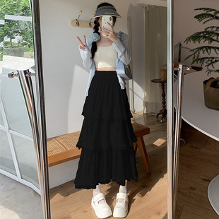 French Style Sweet Lace Skirt Women's Summer High Waist Dipped All-match A- line Cake Skirt Texture Sense Yarn Long Skirt
