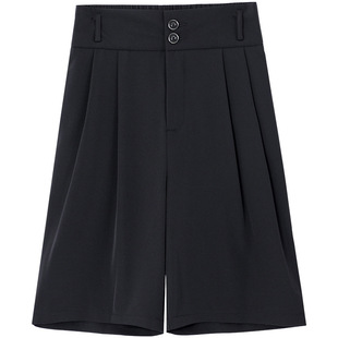 Suit Shorts Women's Casual Summer 2024 New High Waist Double-breasted Black Straight Wide-leg Five-point A- line Shorts