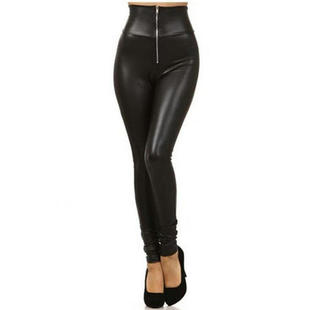 Foreign Trade Spring Fashion Zipper High Waist Imitation Leather Cropped Pants Leggings Women's Elastic Slimming Tight Pants
