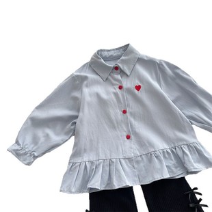 Xi Fan Chunqiu New Children's Korean-style Love Embroidered Long-sleeved Shirt Girls' Baby Ruffled Mid-length Shirt
