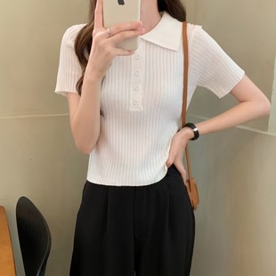 2025 New Summer Short-sleeved Korean Solid Color Basic Short Short-sleeved POLO Collar Sweater Women's Cardigan Top