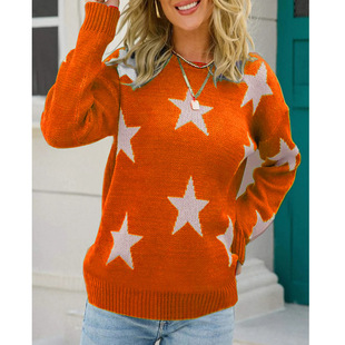 European and American women's fashion autumn and winter New sweater long sleeve round neck knitted pullover five-pointed star loose casual women's clothing