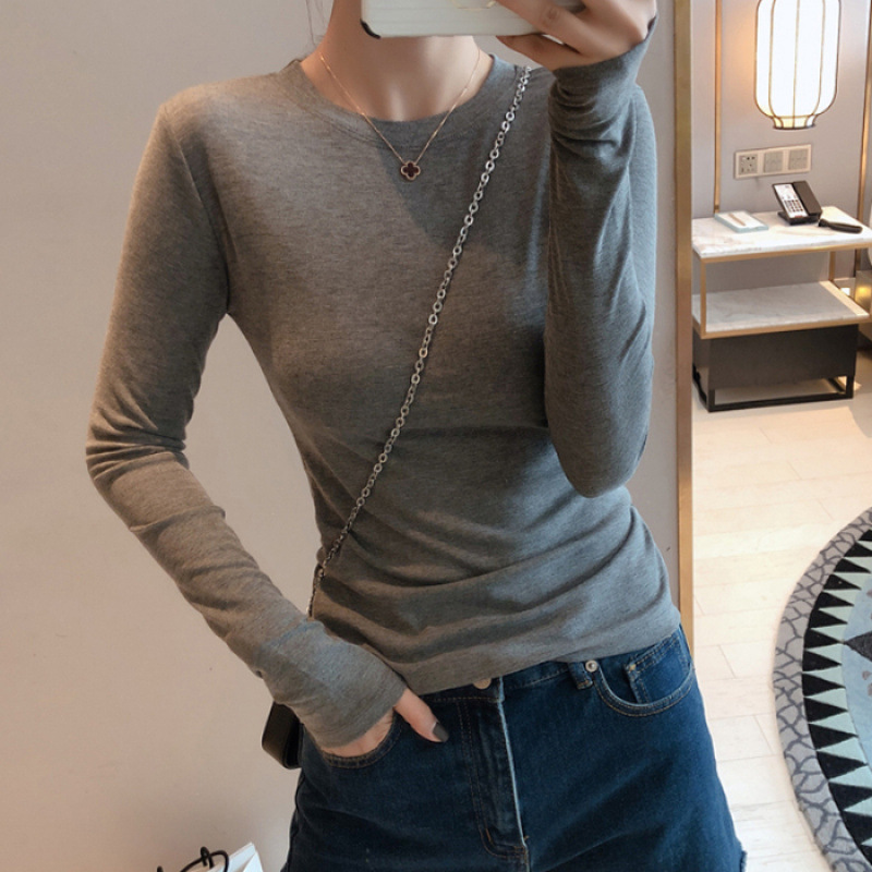 단색 크루 넥 어깨 새로운베이스 슬림 핏 슬리밍 디자인 긴 소매 InsT 셔츠 짧은 얇은 탑 새로운 내부
