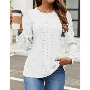 Cross-border European and American Women's 2024 Autumn New Amazon Round Neck Loose Casual Lantern Sleeve Long Sleeve T-shirt