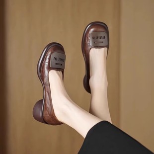 Sheepskin version soft-soled thick-heeled Mary Jane shoes women's genuine leather retro style thick-soled shallow-mouth slip-on shoes for commuting