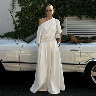 European and American Cross-border Women's 2025 Spring and Summer New Elegant Slant Collar Short-sleeved Loose Waist Draped Wide-leg Pants