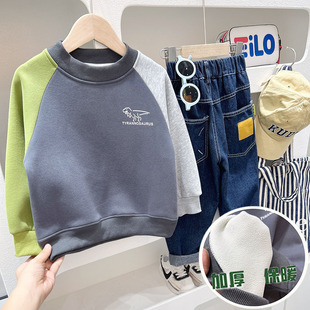 2023 autumn and winter Korean style children's thickened bottoming shirt middle and large boys dinosaur one-piece velvet warm round neck sweater fashion