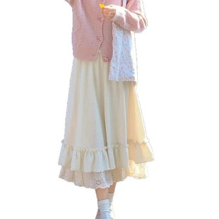 Gentle apricot Lace 2025 Sweet Skirt Lace Cake Spring Little New High Waist Skirt Long Skirt