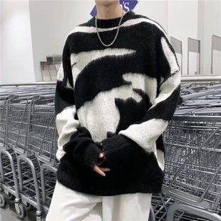 Американский высокий уличный vintage красивый нижный свитер мужской ленивый ветер ins прилив ретро вязаный свитер oversize