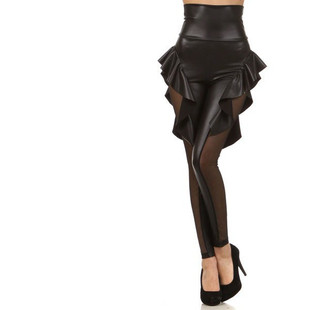Factory direct European and American women's new mesh stitching imitation leather lace leggings high waist imitation leather leggings pants