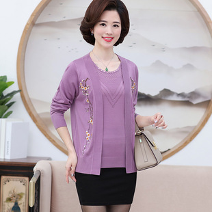 Middle-aged mother Spring and Autumn new top two-piece women's early spring middle-aged and elderly knitted cardigan thin foreign-style loose coat