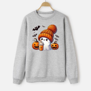 New Halloween halloween fleece-lined Sweat Kiss European and American Style Magic Man Pumpkin Bat Print Top
