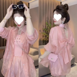 Casual Fashion suit Women's Summer 2025 New Design Sense Bow Thin Sunscreen Shirt Shorts Two-piece Trendy Set