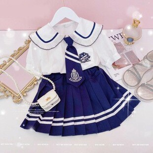 Girls' Short-sleeved Suit 2024 Summer New Style Fashionable College Style Pleated Skirt and Tie Three-piece Set