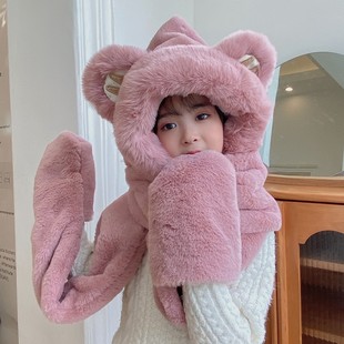 2024 Winter New Children's Hat Plush Cartoon Cute Baby Girls and Boys fleece-lined Scarf Integrated Ear Protection Hat