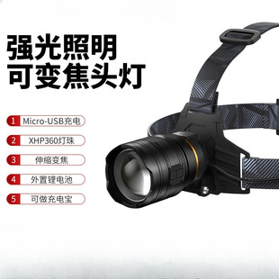 Cross-border new bright white laser headlight zoom outdoor charging head-mounted fishing led super bright aluminum alloy