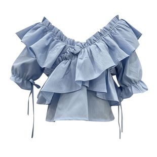 2023 Summer New Korean Style Fashion Slim-fit Slimming Elegant Ruffled Design Sense All-match Horned Sleeve Shirt for Women