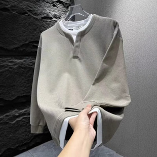 Autumn Men's New Texture Stitching Fake Two-piece Sweatshirt Fashionable All-match Loose Casual Solid Color Base Top
