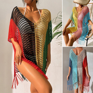 Cross-border New Color-blocking Sexy Loose Pullover V-neck Tassel Hollow Beach Sunscreen Bikini Beach Blouse