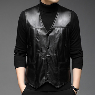 Genuine Leather Vest Men's Cardigan V-Neck Sheepskin Vest Autumn and Winter Warm Haining Leather Waistcoat Sleeveless
