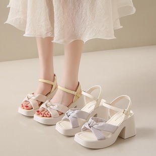 Thick Heeled Sandals Women's 2025 Summer New Arrival Buckle Strap Sandals Thick Heeled High Heeled Fairy Style Bow Sandals