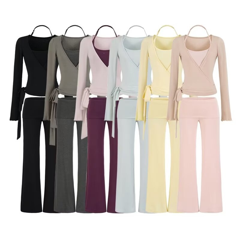 Ballet-Style Halter Neck Top + Long-Sleeve Tie-Up Cardigan + Cuffed Waist Drapey Flared Pants Three-Piece Set for Women