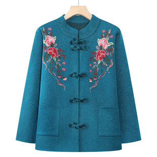 Guofeng New Chinese Style Vertical Collar Knitted Sweater Mother's Coat Middle-aged and Elderly Grandma's Loose Casual Women's Clothes