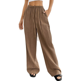 European and American Cross-border Amazon New Cotton and Linen Wrinkled Fashion Women's All-match Loose Home Casual Solid Color Wide Leg Women