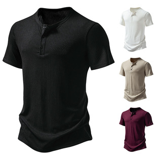 Cross-border in stock Men's Amazon New Three-button Men's Henry Short-sleeved T-shirt Men's Casual Base Shirt Top