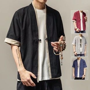 Chinese Style summer color matching five-quarter sleeve cotton and linen men's Hanfu cardigan robe Tang suit ancient style linen cloak coat