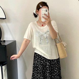 plus size Women's Wear Design Beaded Knitwear Women's Bow Top 2025 Summer chubby girl Short-sleeved T-shirt 22993