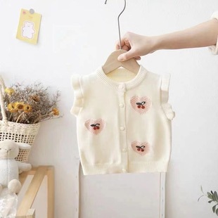 2024 Spring and Autumn Korean Style Knitted Vest Baby Girl Cardigan Vest Infant and Toddler Outerwear Western Style Princess Fashion Trendy Style