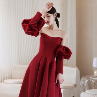 Burgundy Evening Dress Dress Women's 2024 New Wedding Toasting Dress Long Bride Elegant Engagement Spring