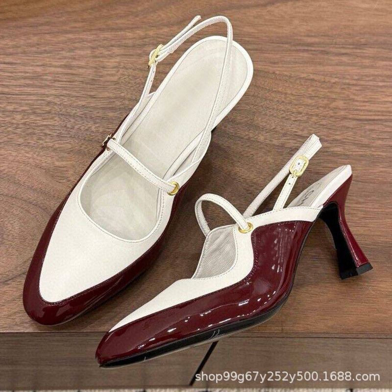 C New Style Women's Shoes, Low Heel, Elegant Patent Leather, Pointed Toe, Burgundy, Sexy Ultra-High Stiletto Heel 7.5cm, Closed-Toe Sandals