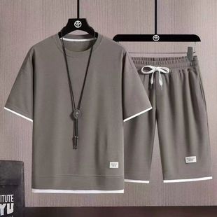 New arrival foreign trade men's sports leisure waffle short sleeve suit summer T-shirt shorts Korean handsome loose