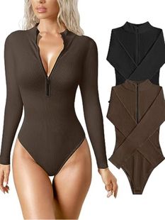 European and American Cross-border Amazon 2023 Long-sleeved Romper Sexy Ribbed Romper Front Zipper Long-sleeved Top Romper