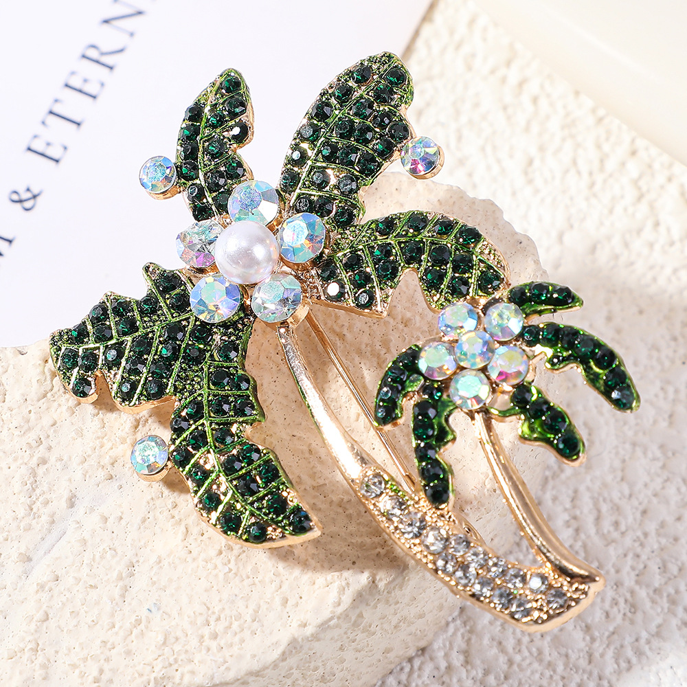 Cross-Border Hot-Selling Resort-Style Coconut Tree Brooch with Diamonds and Pearls, Alloy Pin for Women's Blazer, Versatile Decoration