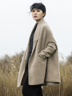 European and American style fashionable pure wool cardigan women's casual loose knitted cashmere large shawl long sleeve solid color coat thick
