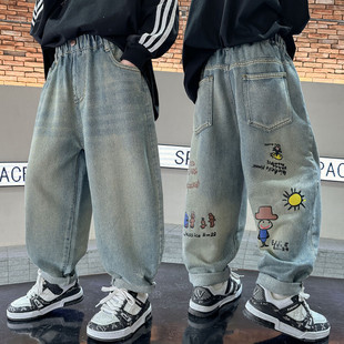 Foreign trade trendy children's spring pants wholesale 2024 New Spring boys' printed jeans Korean fashionable harem pants